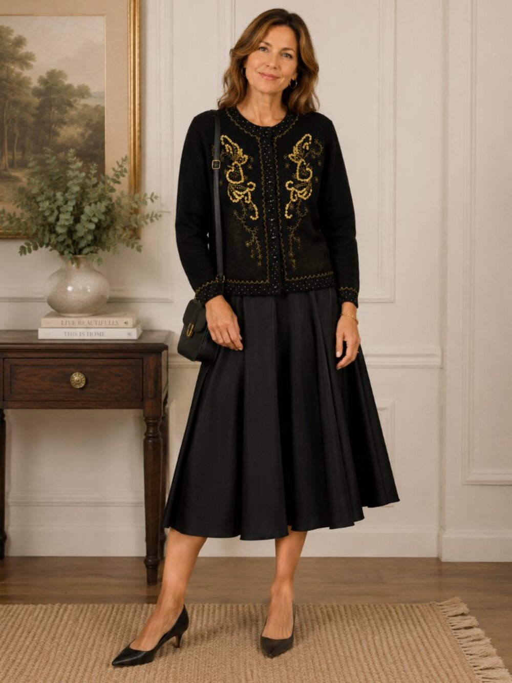 Vintage Karen Scott Black Cardigan Sweater with Gold Accents Silk Blend Sz. L